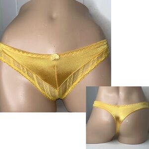 IZA Silky Glossy Liquid Satin‎ & Lace Low Rise Yellow Thong Panties Sz s NEW